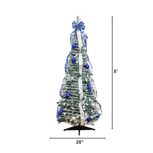 5' Pre-Lit Artificial Pop Up Flocked Christmas Tree with Silver & Blue Ornaments, Ribbons  and 100 Warm White LED Lights