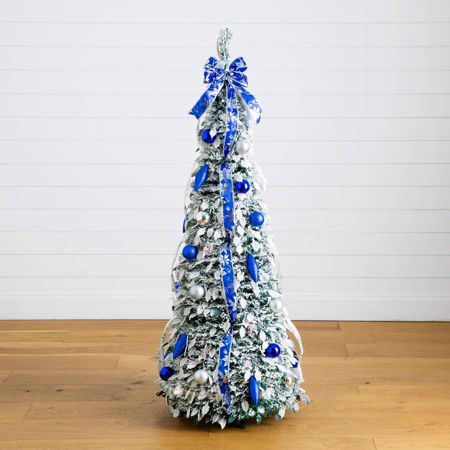 5' Pre-Lit Artificial Pop Up Flocked Christmas Tree with Silver & Blue Ornaments, Ribbons  and 100 Warm White LED Lights