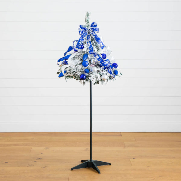5' Pre-Lit Artificial Pop Up Flocked Christmas Tree with Silver & Blue Ornaments, Ribbons  and 100 Warm White LED Lights