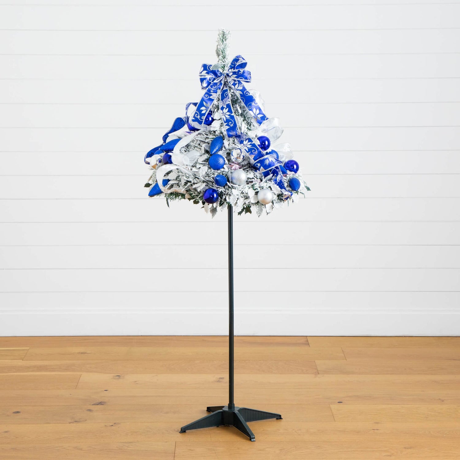 5' Pre-Lit Artificial Pop Up Flocked Christmas Tree with Silver & Blue Ornaments, Ribbons  and 100 Warm White LED Lights