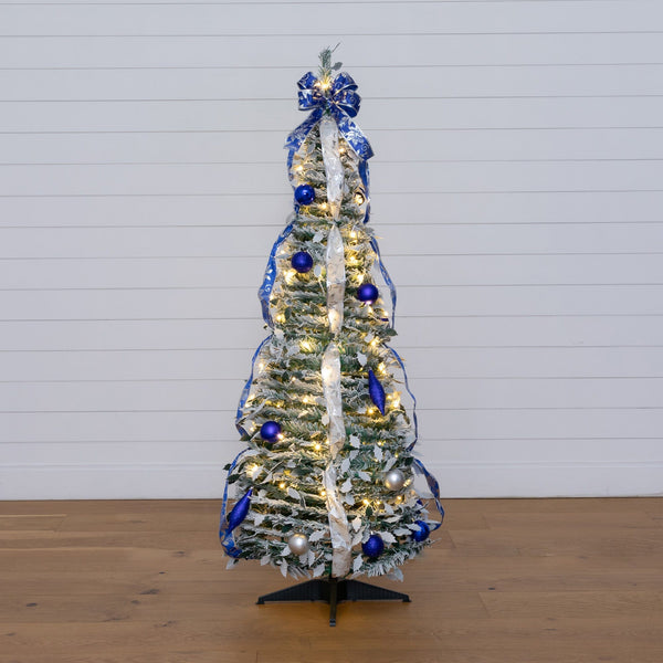 5' Pre-Lit Artificial Pop Up Flocked Christmas Tree with Silver & Blue Ornaments, Ribbons  and 100 Warm White LED Lights