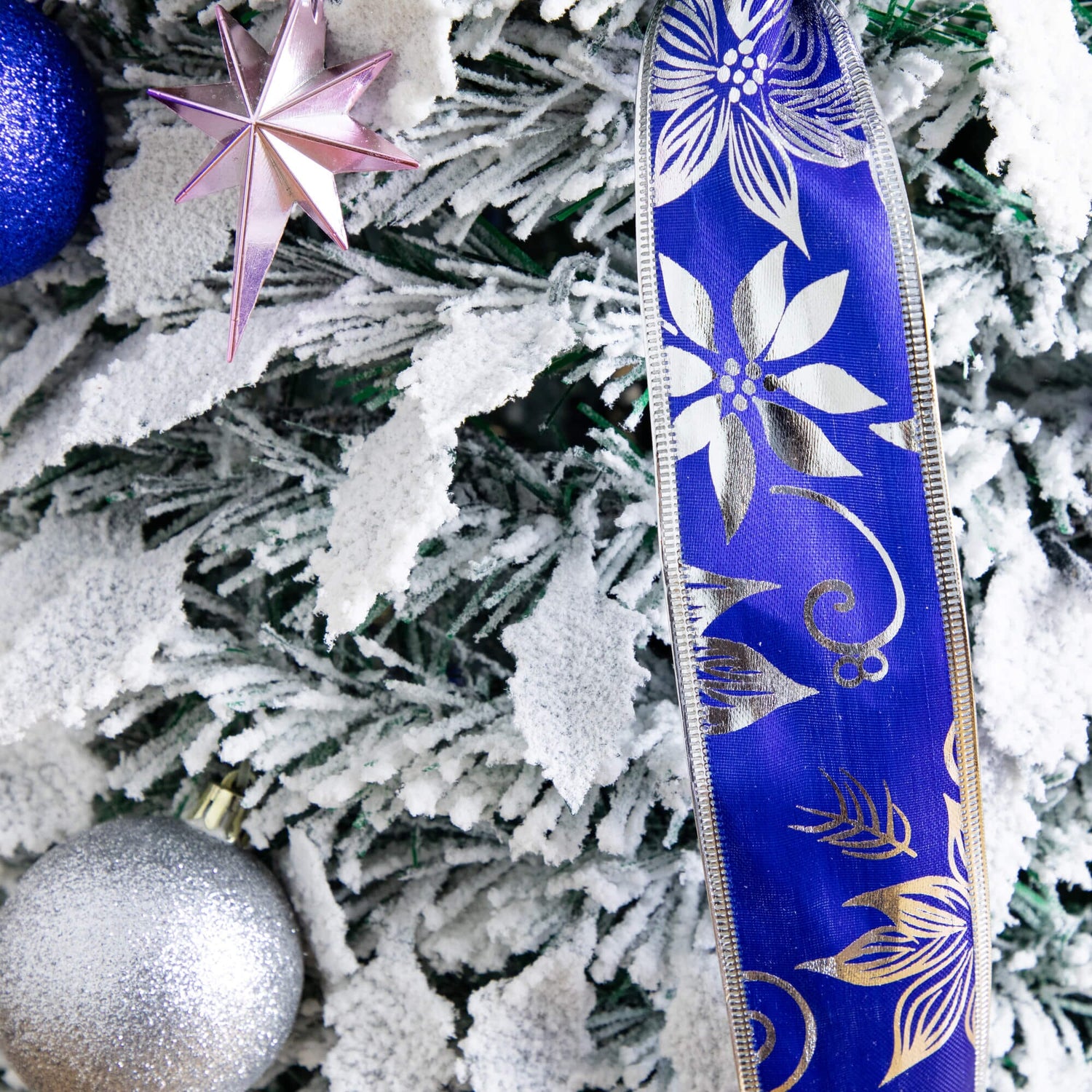 5' Pre-Lit Artificial Pop Up Flocked Christmas Tree with Silver & Blue Ornaments, Ribbons  and 100 Warm White LED Lights