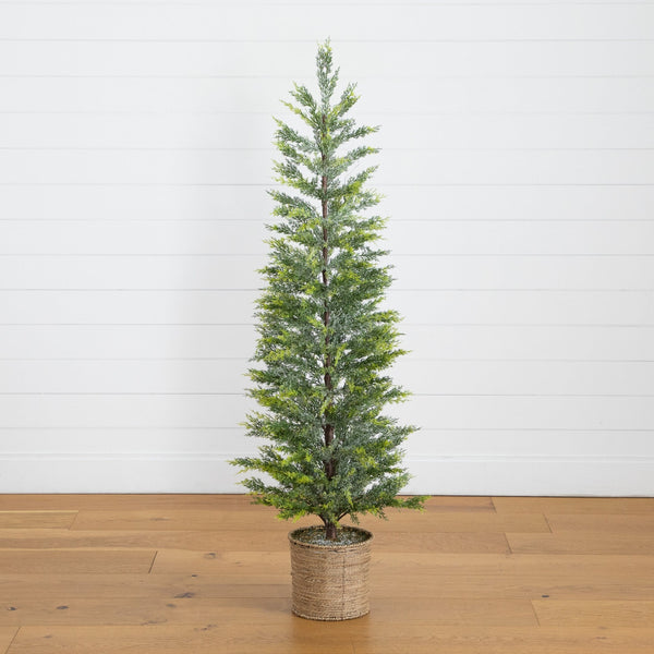 5’ Pre-Lit Artificial Snowed Cypress Christmas Tree with 140 LED Lights in Hyacinth Basket