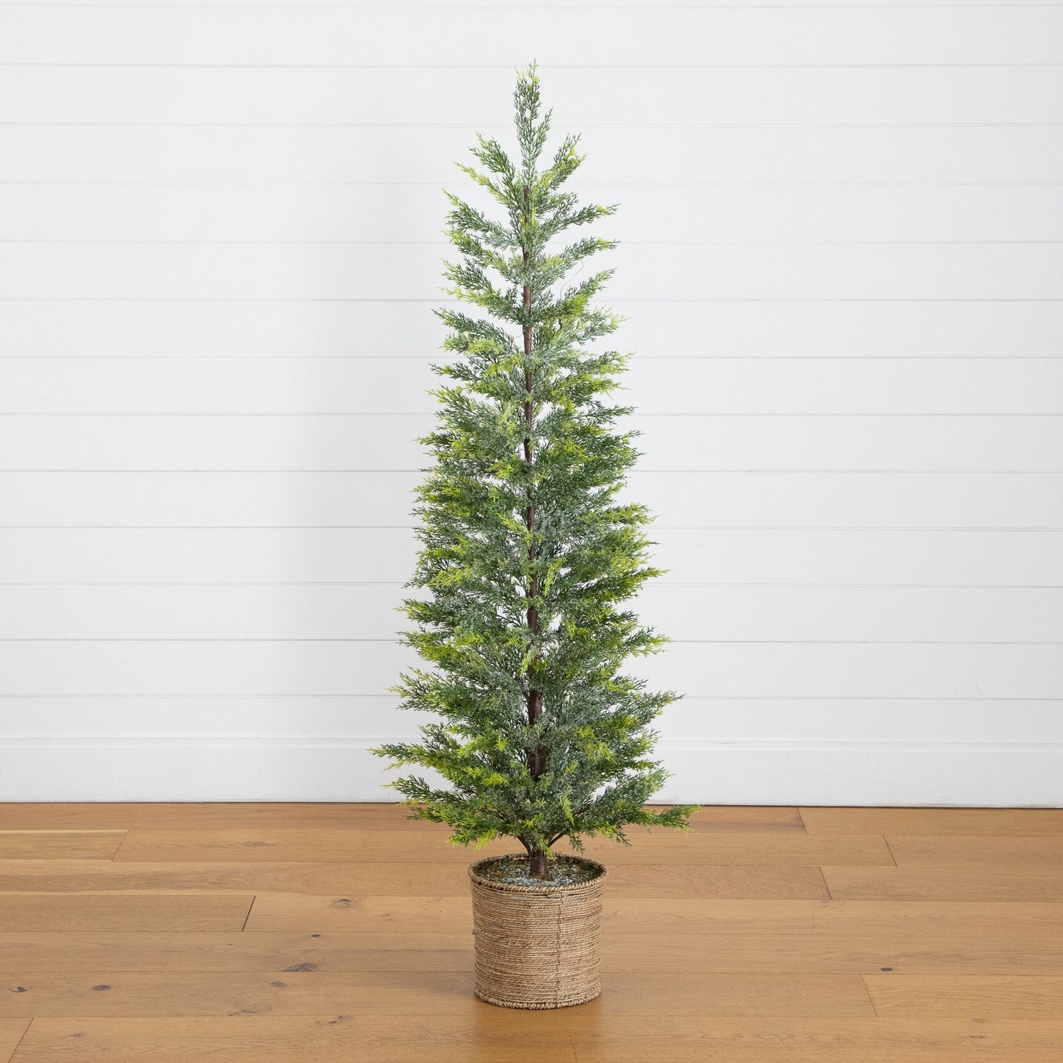 5’ Pre-Lit Artificial Snowed Cypress Christmas Tree with 140 LED Lights in Hyacinth Basket
