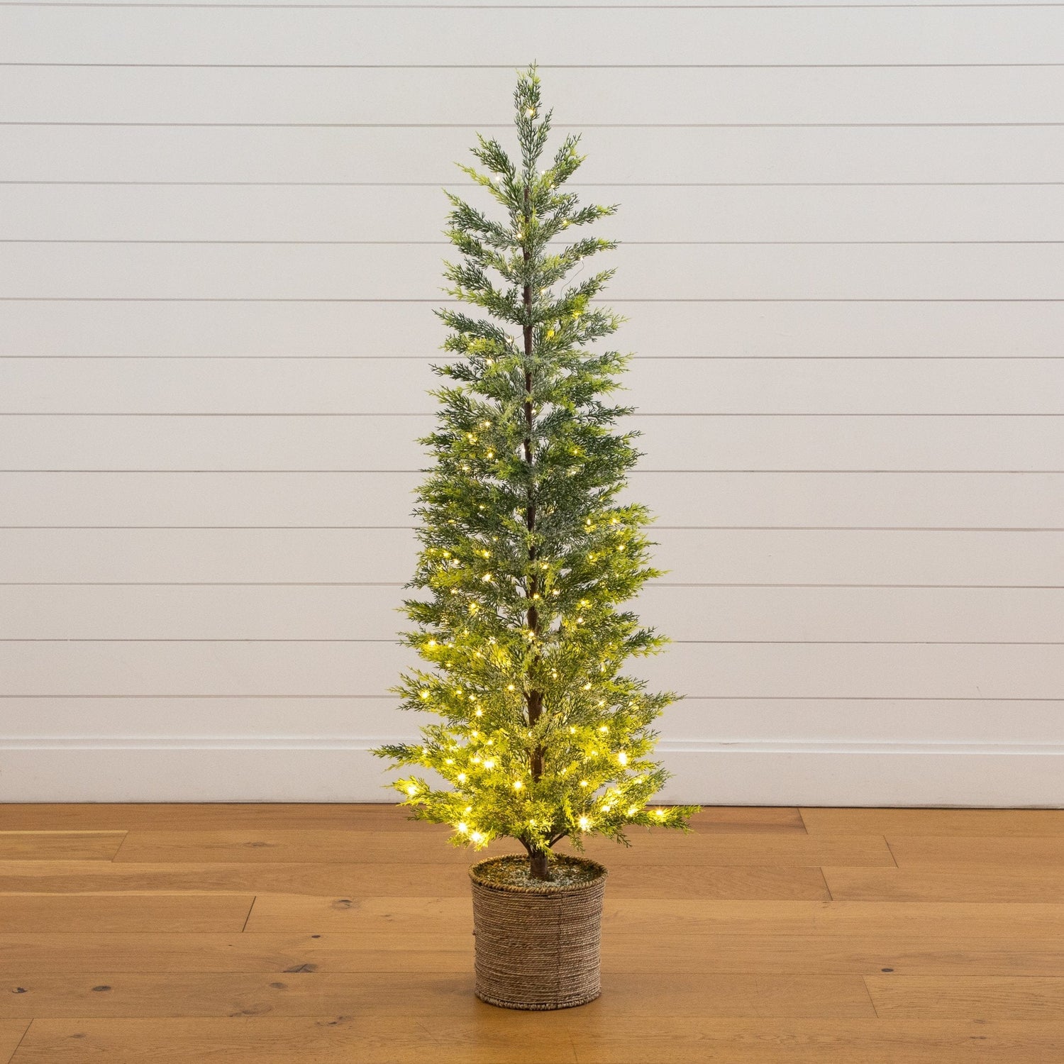 5’ Pre-Lit Artificial Snowed Cypress Christmas Tree with 140 LED Lights in Hyacinth Basket