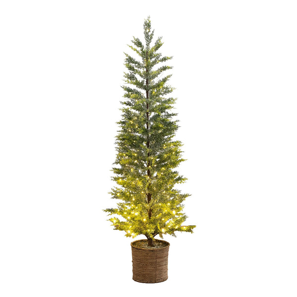 5’ Pre-Lit Artificial Snowed Cypress Christmas Tree with 140 LED Lights in Hyacinth Basket