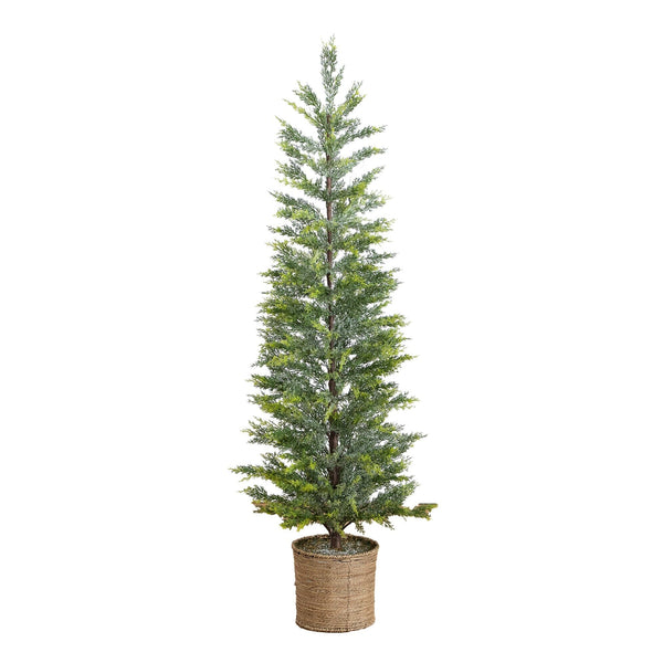 5’ Pre-Lit Artificial Snowed Cypress Christmas Tree with 140 LED Lights in Hyacinth Basket