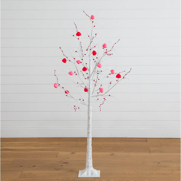 5' Pre-Lit Artificial Valentine's Day Twig Tree with 72 Heart Shaped LED Lights and Red Berries