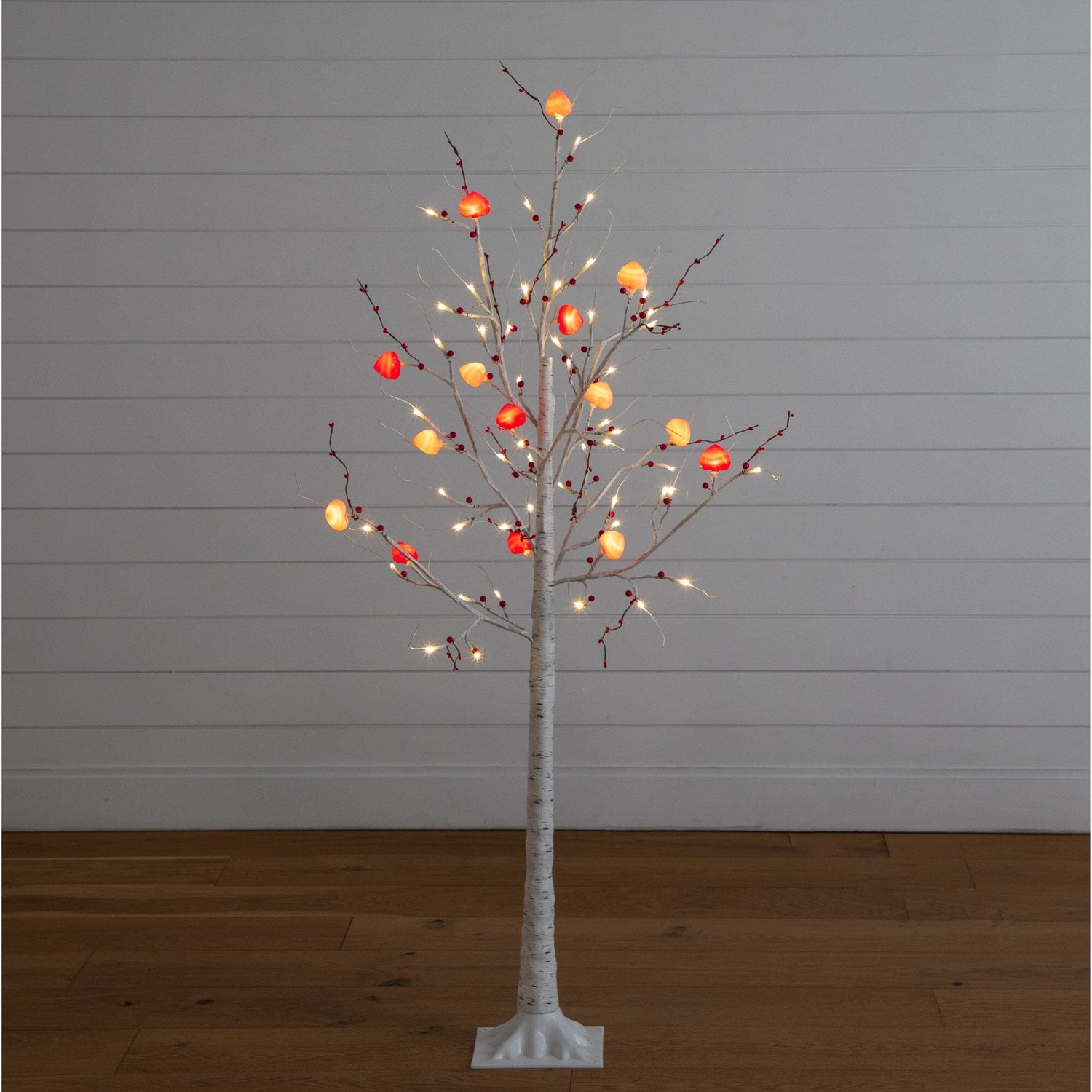 5' Pre-Lit Artificial Valentine's Day Twig Tree with 72 Heart Shaped LED Lights and Red Berries