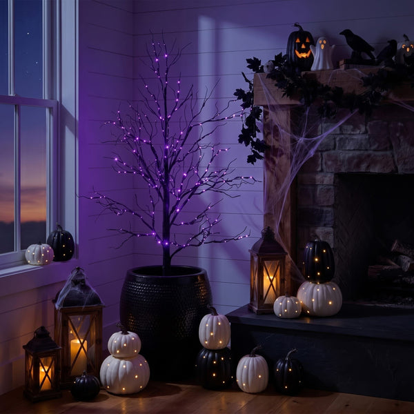 5' Pre-Lit Halloween Black Twig Artificial Tree with 240 Orange & Purple LED Lights