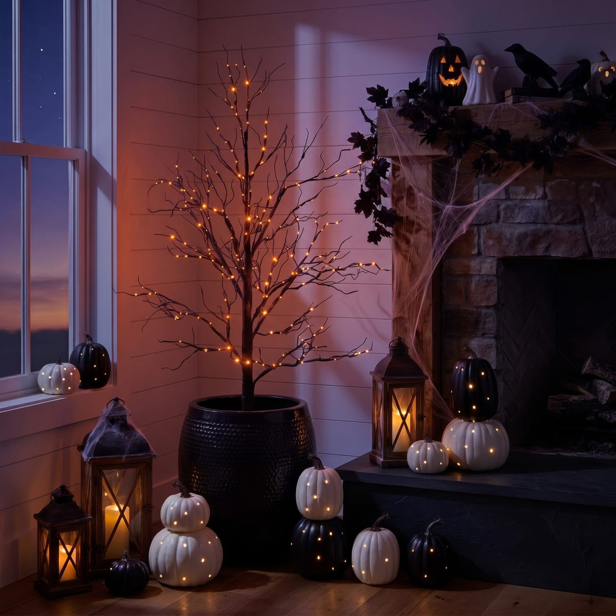 5' Pre-Lit Halloween Black Twig Artificial Tree with 240 Orange & Purple LED Lights