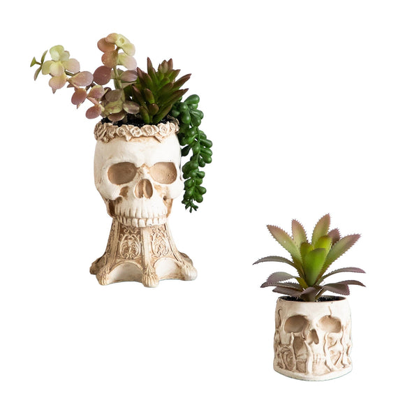 5.5" and 9" Artificial Halloween Succulent Garden in Skull Planter - Set of 2