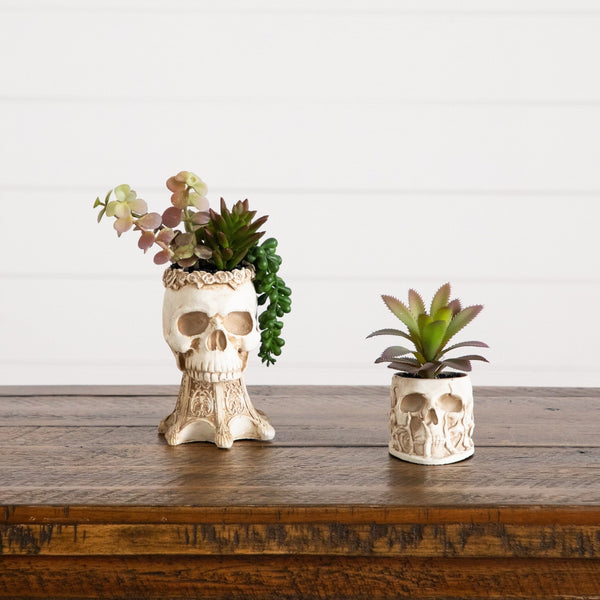 5.5" and 9" Artificial Halloween Succulent Garden in Skull Planter - Set of 2