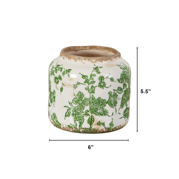 5.5” Floral Tuscan Ceramic Green Scroll Planter