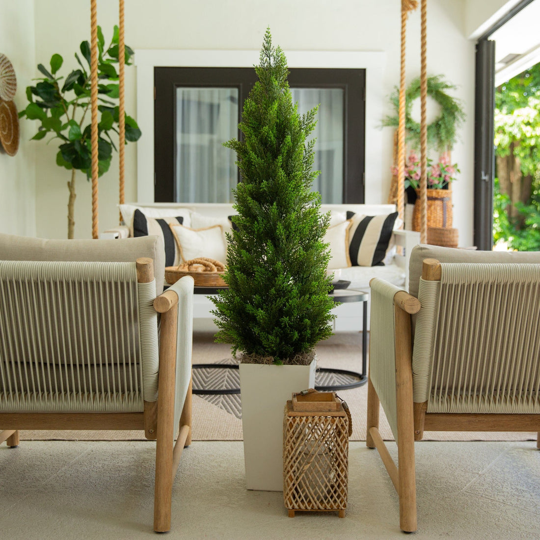 cedar house plant Nearly Natural 56 in. UV Resistant Artificial Cedar Tree in White Tower Planter (Indoor/Outdoor)