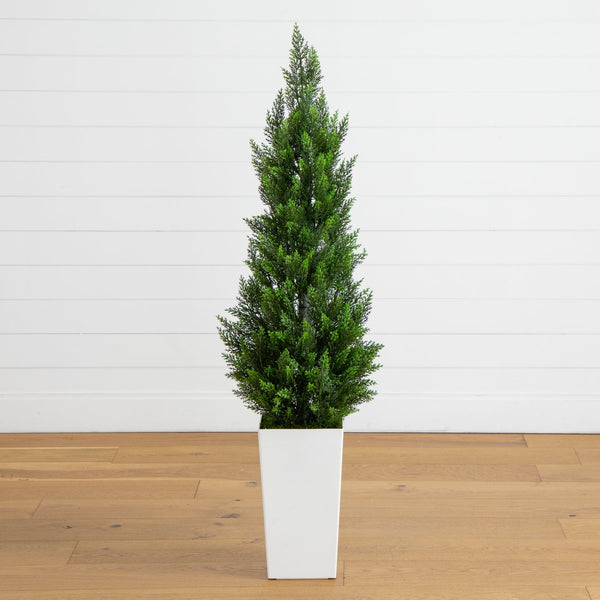 56" UV Resistant Artificial Cedar Tree in White Tower Planter (Indoor/Outdoor)