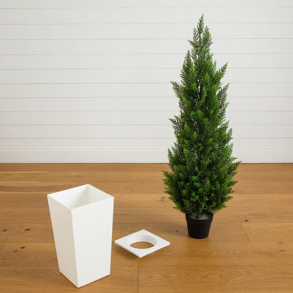 56" UV Resistant Artificial Cedar Tree in White Tower Planter (Indoor/Outdoor)