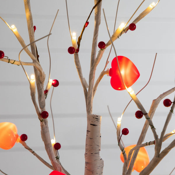 5' Pre-Lit Artificial Valentine's Day Twig Tree with 72 Heart Shaped LED Lights and Red Berries