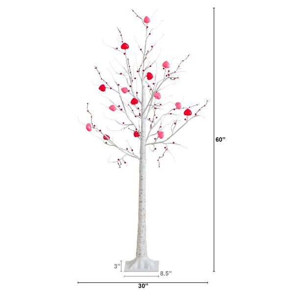 5' Pre-Lit Artificial Valentine's Day Twig Tree with 72 Heart Shaped LED Lights and Red Berries