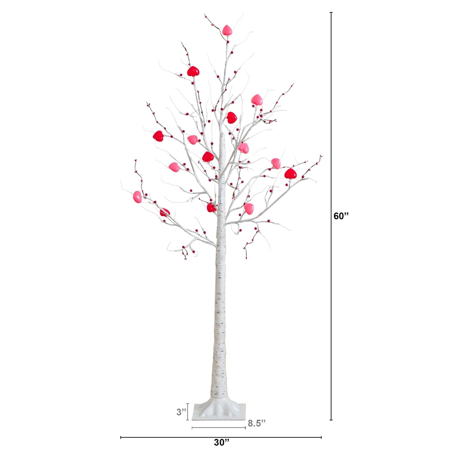 5' Pre-Lit Artificial Valentine's Day Twig Tree with 72 Heart Shaped LED Lights and Red Berries