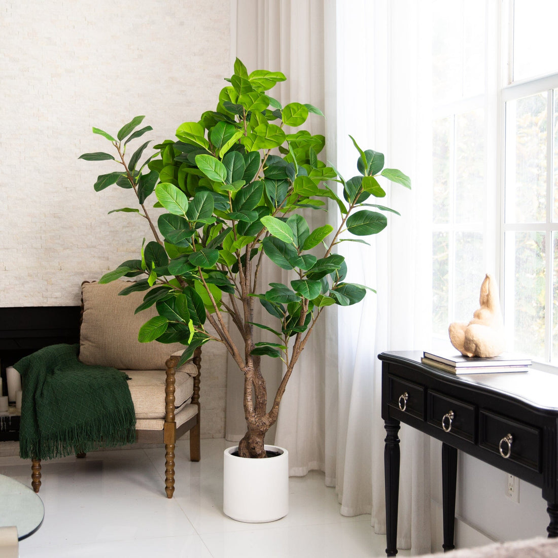 ficus audrey faux Nearly Natural 6-Foot Artificial Audrey Ficus Leaf Tree in White Decorative Planter, Green