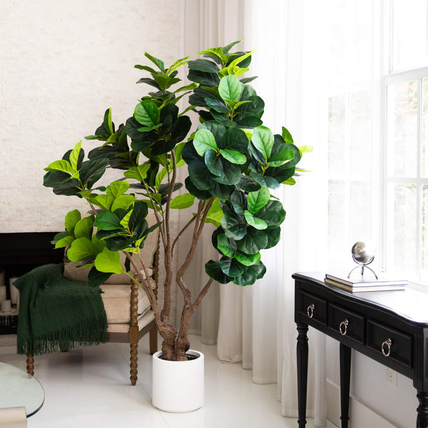 6’ Artificial Grand Fiddle Leaf Tree in White Decorative Planter