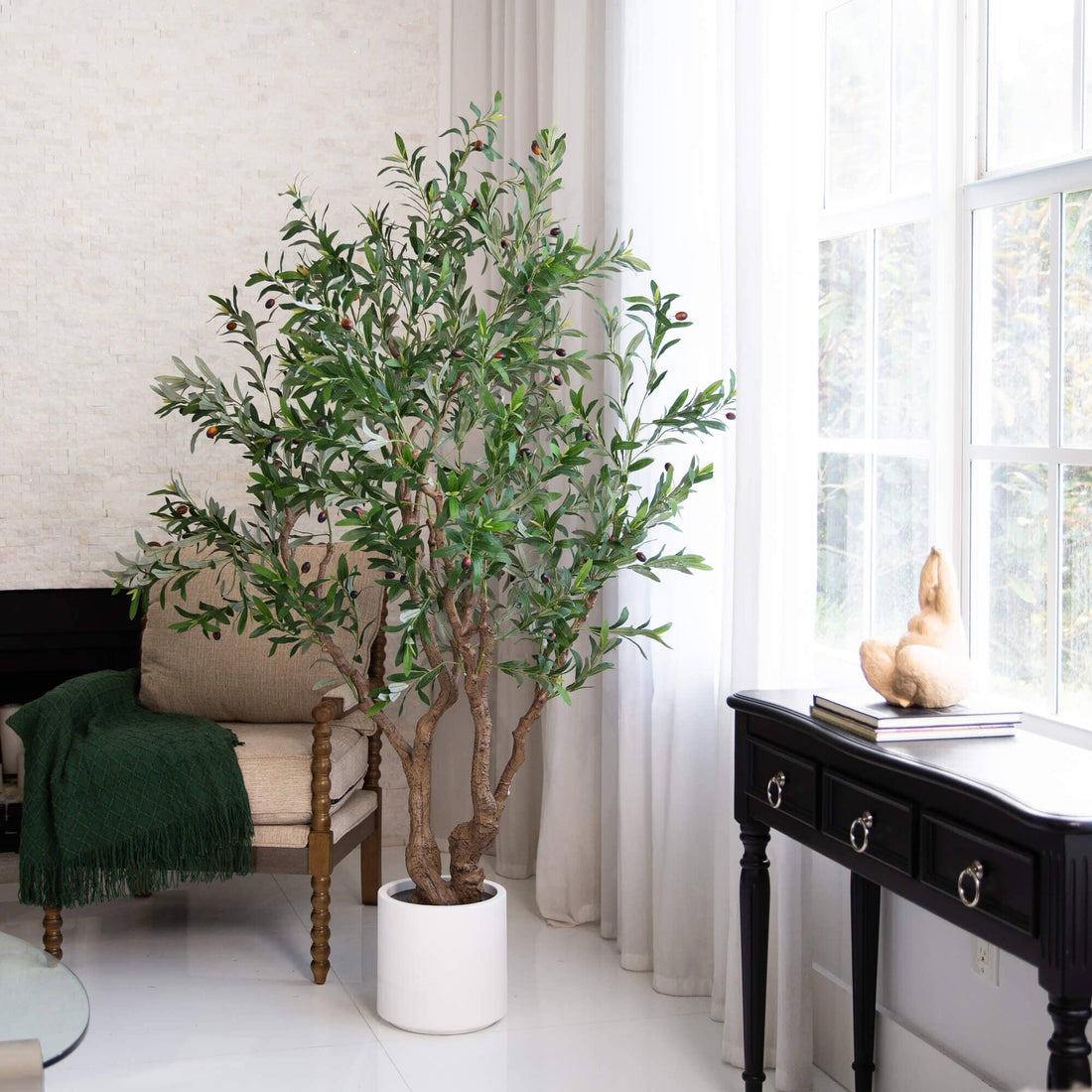 indoor planter for olive tree Nearly Natural 6ft. Artificial Grand Olive Tree in White Decorative Planter