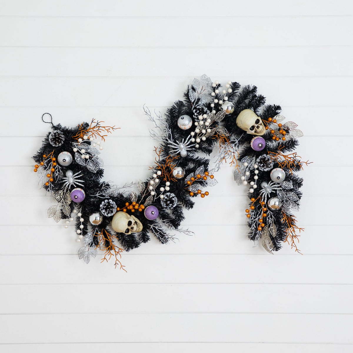 6' Artificial Halloween Black Garland with Skulls, Eyeballs and Spiders