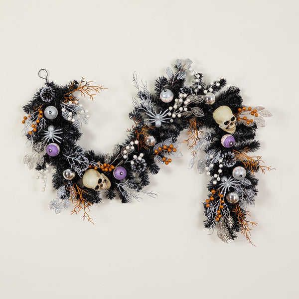 6' Artificial Halloween Black Garland with Skulls, Eyeballs and Spiders