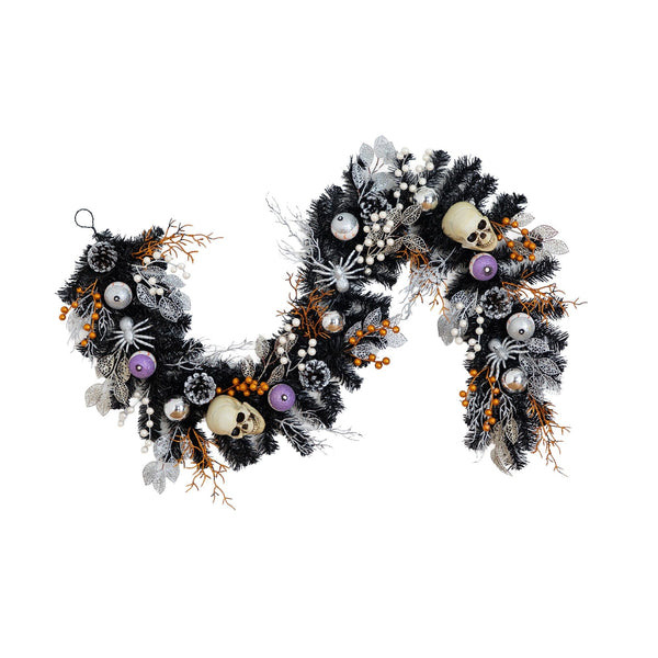 6' Artificial Halloween Black Garland with Skulls, Eyeballs and Spiders