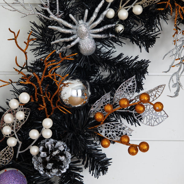 6' Artificial Halloween Black Garland with Skulls, Eyeballs and Spiders