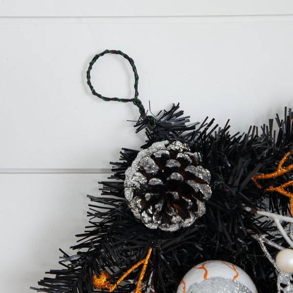 6' Artificial Halloween Black Garland with Skulls, Eyeballs and Spiders