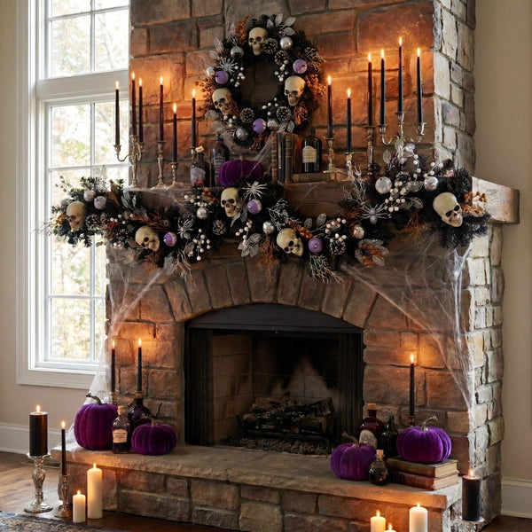6' Artificial Halloween Black Garland with Skulls, Eyeballs and Spiders