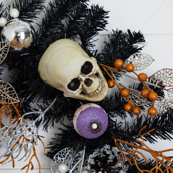6' Artificial Halloween Black Garland with Skulls, Eyeballs and Spiders