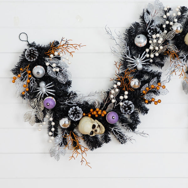 6' Artificial Halloween Black Garland with Skulls, Eyeballs and Spiders