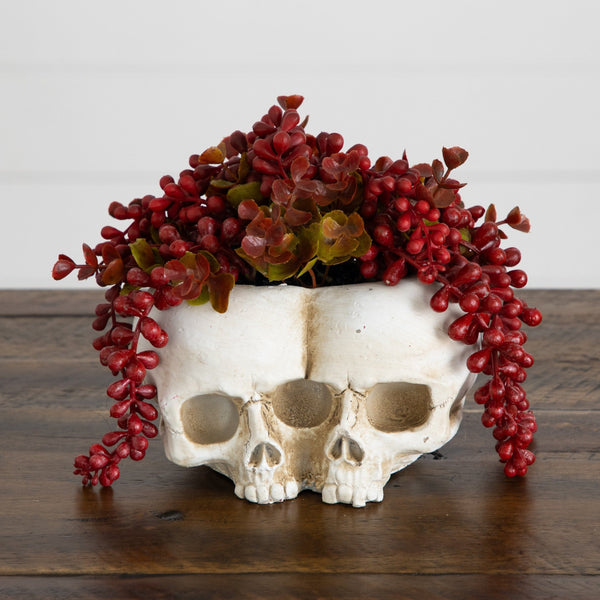 6” Artificial Halloween String of Pearls in Double Skull Planter