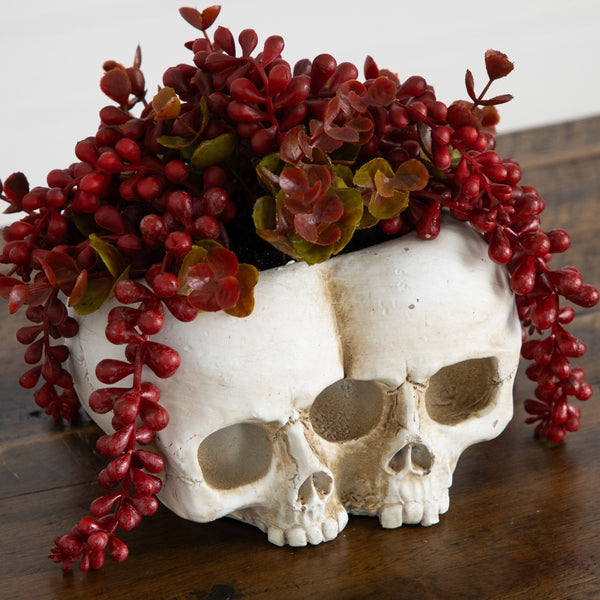 6” Artificial Halloween String of Pearls in Double Skull Planter