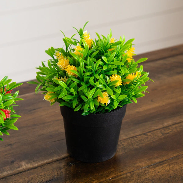 6" Artificial Mini Flowering Plant in Black Pot -Set of 3