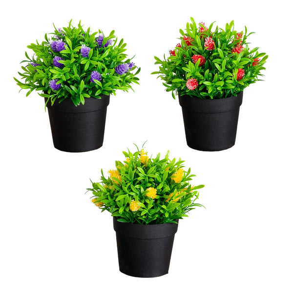6" Artificial Mini Flowering Plant in Black Pot -Set of 3
