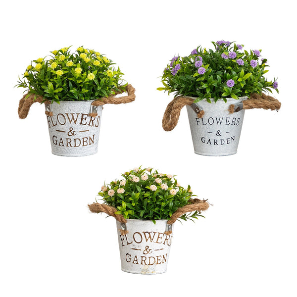 6" Artificial Mixed Button Pom Plant in Rustic Flowers & Garden Planter -Set of 3