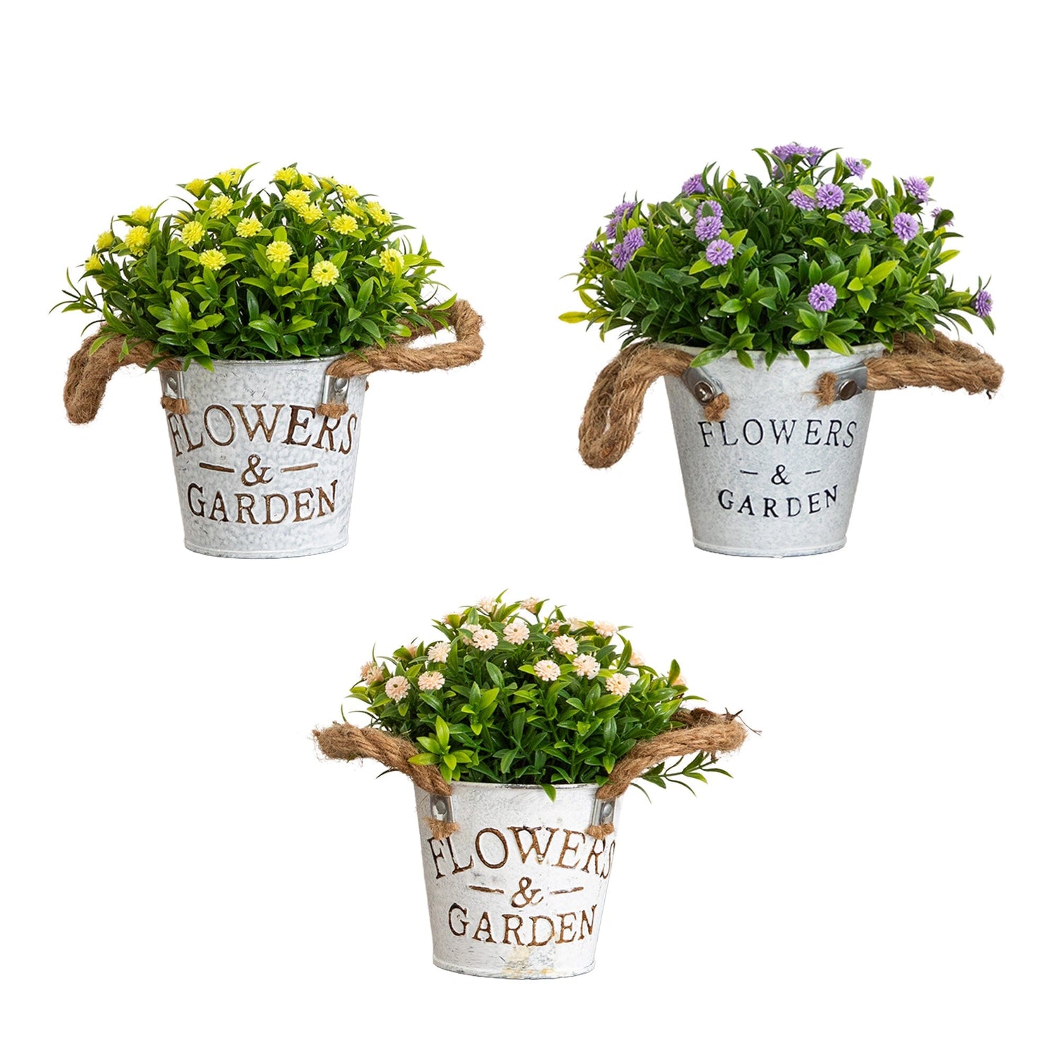 6" Artificial Mixed Button Pom Plant in Rustic Flowers & Garden Planter -Set of 3
