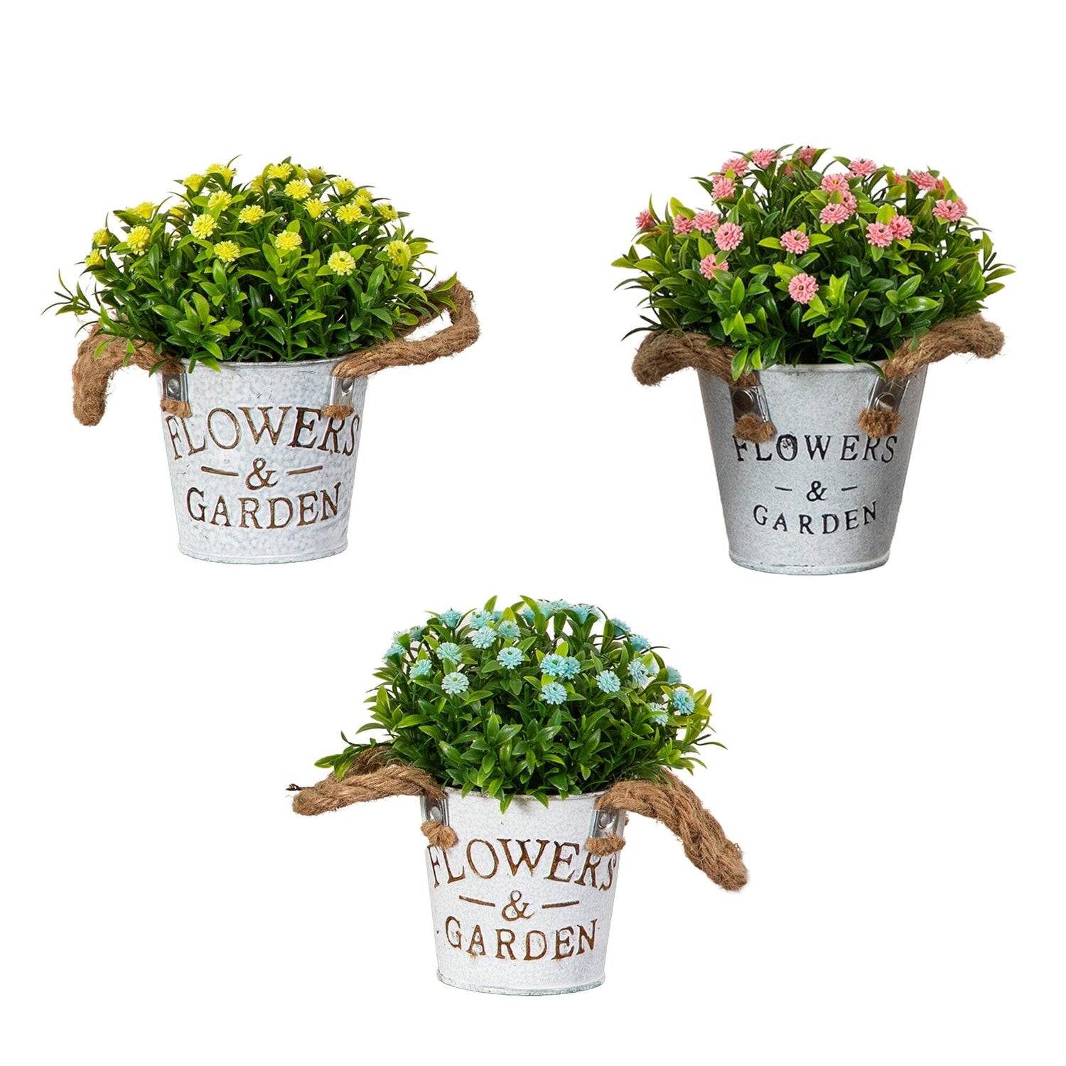 6" Artificial Mixed Button Pom Plant in Rustic Flowers & Garden Planter -Set of 3