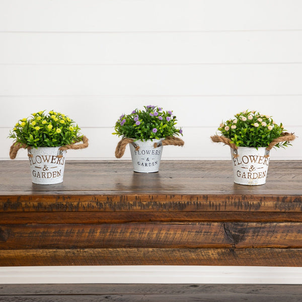 6" Artificial Mixed Button Pom Plant in Rustic Flowers & Garden Planter -Set of 3