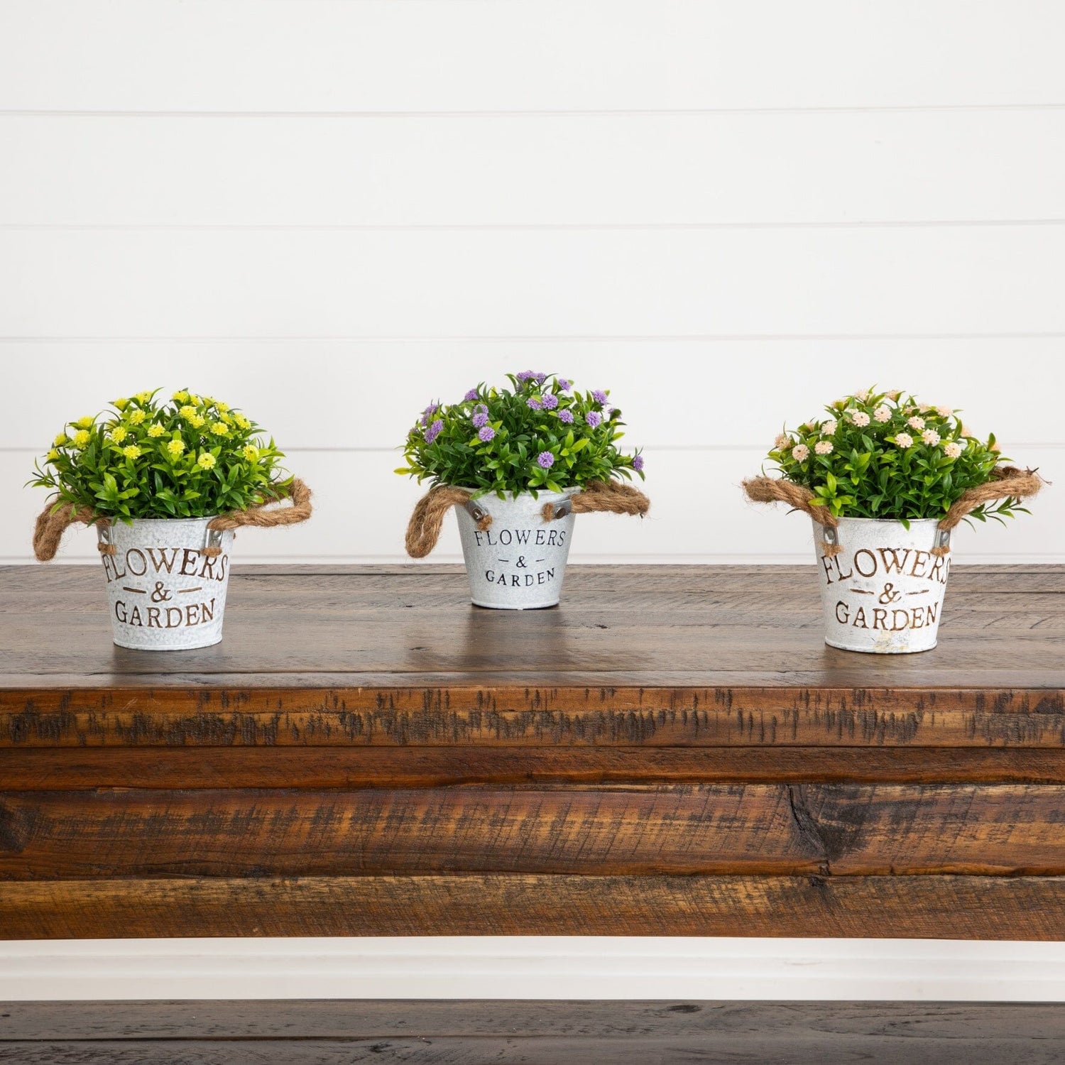 6" Artificial Mixed Button Pom Plant in Rustic Flowers & Garden Planter -Set of 3