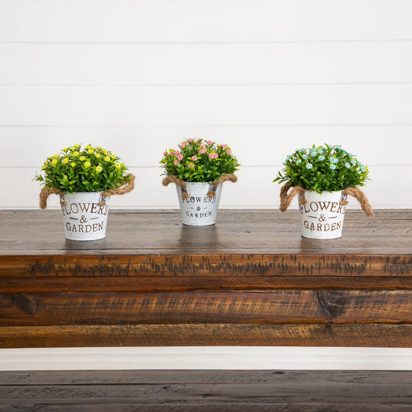 6" Artificial Mixed Button Pom Plant in Rustic Flowers & Garden Planter -Set of 3