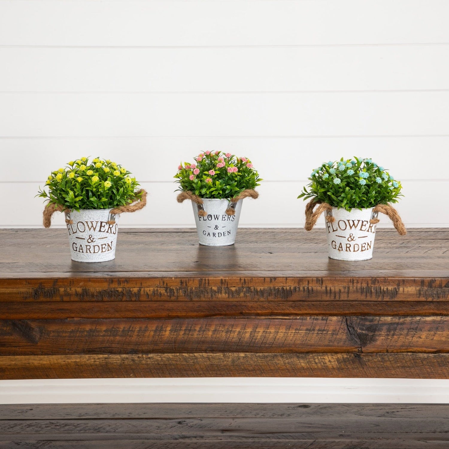6" Artificial Mixed Button Pom Plant in Rustic Flowers & Garden Planter -Set of 3