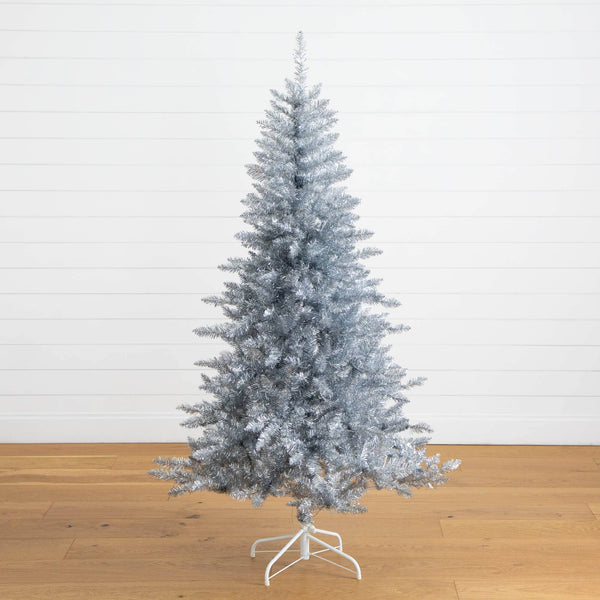 6' Artificial Silver Christmas Tree with 300 Cool White LED Lights