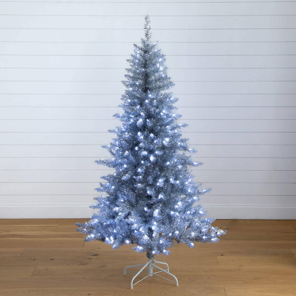 6' Artificial Silver Christmas Tree with 300 Cool White LED Lights