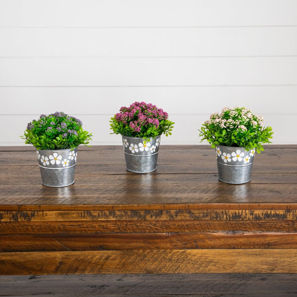 6” Artificial Succulent flowering Plant in Decorative Daisy Tin Planter -Set of 3
