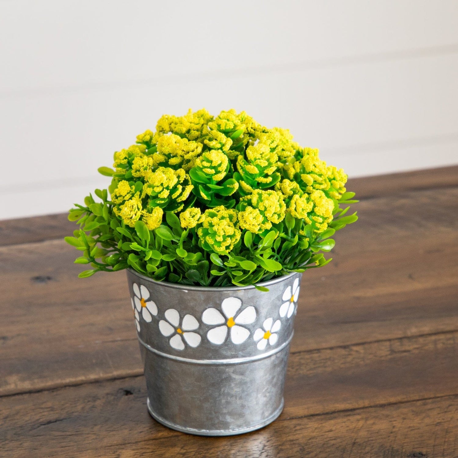 6” Artificial Succulent flowering Plant in Decorative Daisy Tin Planter -Set of 3